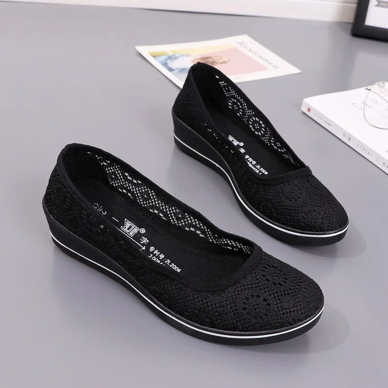 Women’s White Lace Breathable Slip-On Sneakers – Casual Summer Flats with Low Wedge Comfort Sole