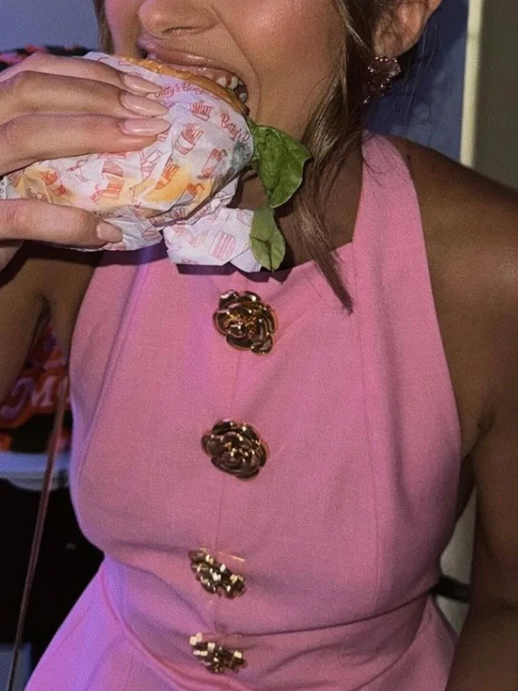 Chic Pink Halter Mini Dress – Backless, Sleeveless, Gold Button | Summer Party Dress 2025