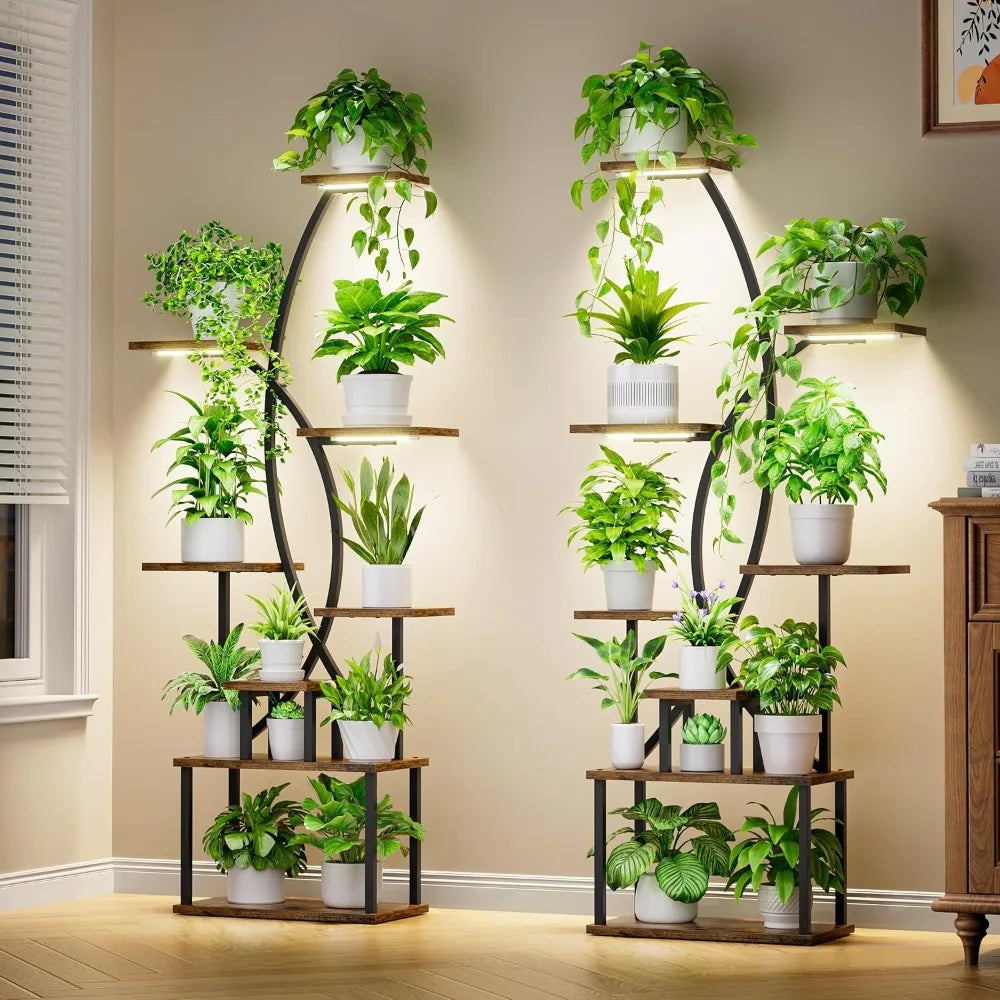 8-Tier Indoor Plant Stand with Grow Lights – Tall Metal Shelf for Corners & Living Rooms, Space-Saving Display Rack for Multiple Plants