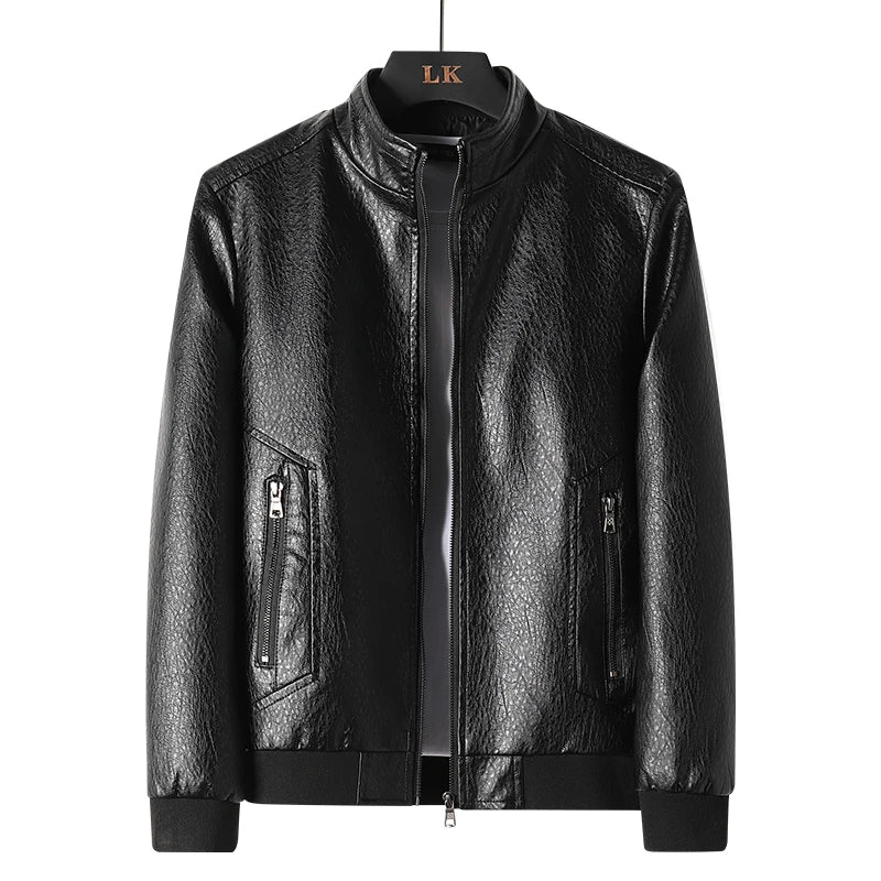 Leather Jacket Men Coats Motorcycle Autumn Travel Fleece Black Zipper Plus Size 6XL 7XL 8XL Oversized Winter Slanted Overcoat