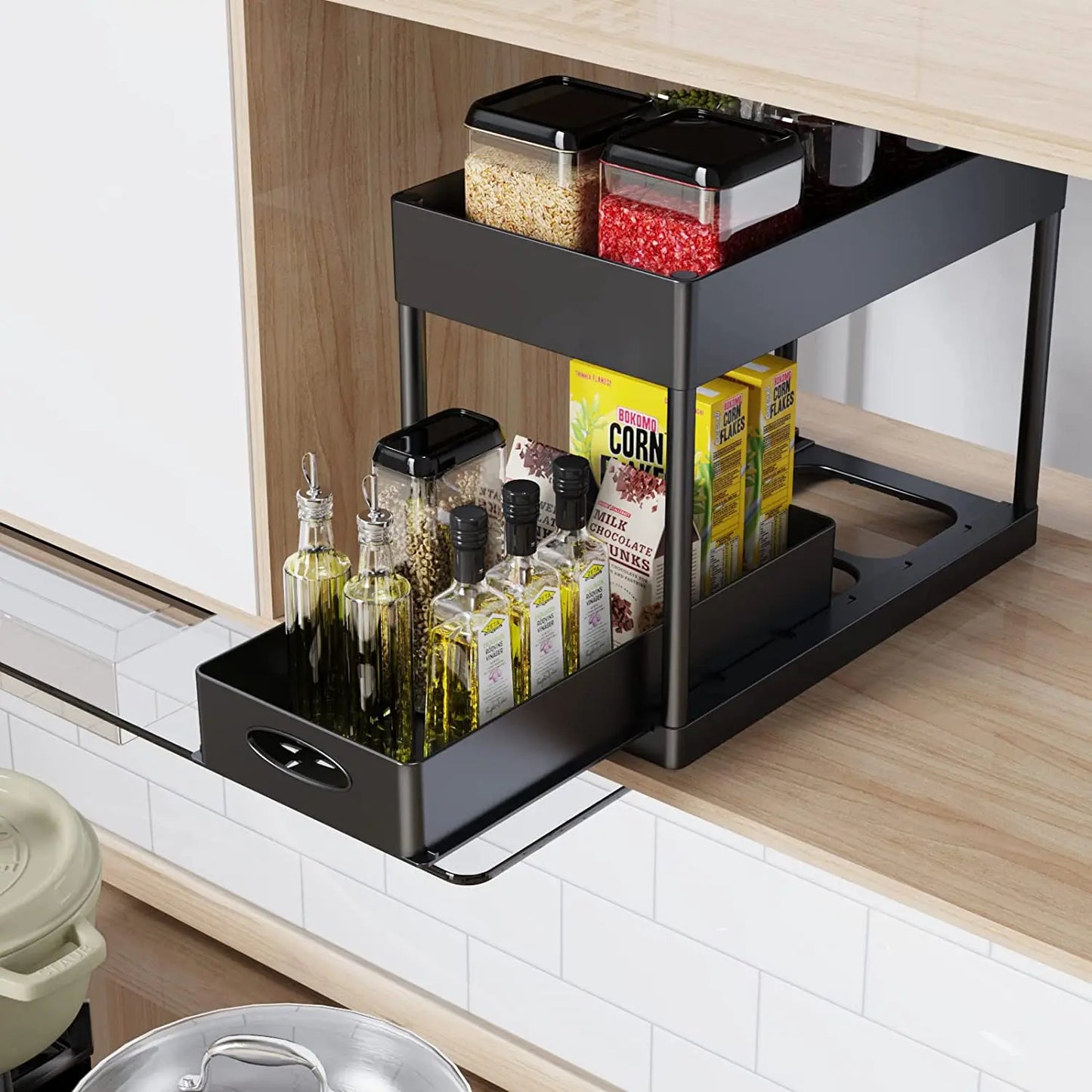 2-Tier Under Sink Organizer with Sliding Drawers & Hooks