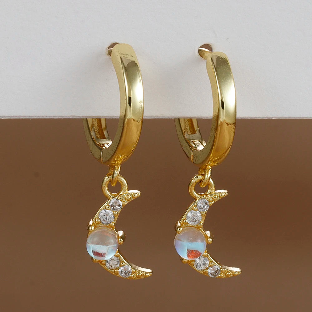 2PCS Star & Moon Opal Zircon Earrings – Stainless Steel Studs for Women