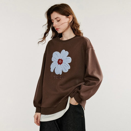 TOYOUTH Women Hoodies Sweatshirt 2025 Autumn New Plush Flower Printed Contrasting Color Splicing Fake Two Piece Cotton Pullover