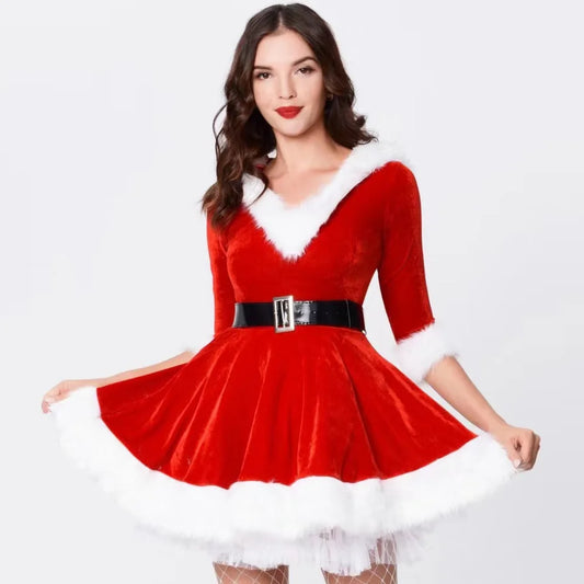 Women Christmas Suit Costumes Adults Lady Slim Fit Hooded Sexy Velvet Female Santa Claus Cosplay Xmas Party Fancy Dress Cosplay