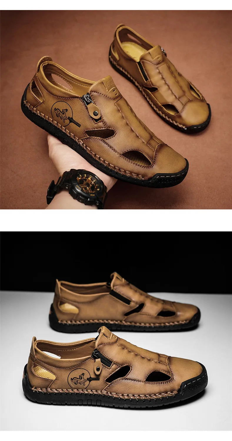 Men’s Leather Roman Sandals – Breathable Handmade Casual Summer Shoes for Outdoor & Beach