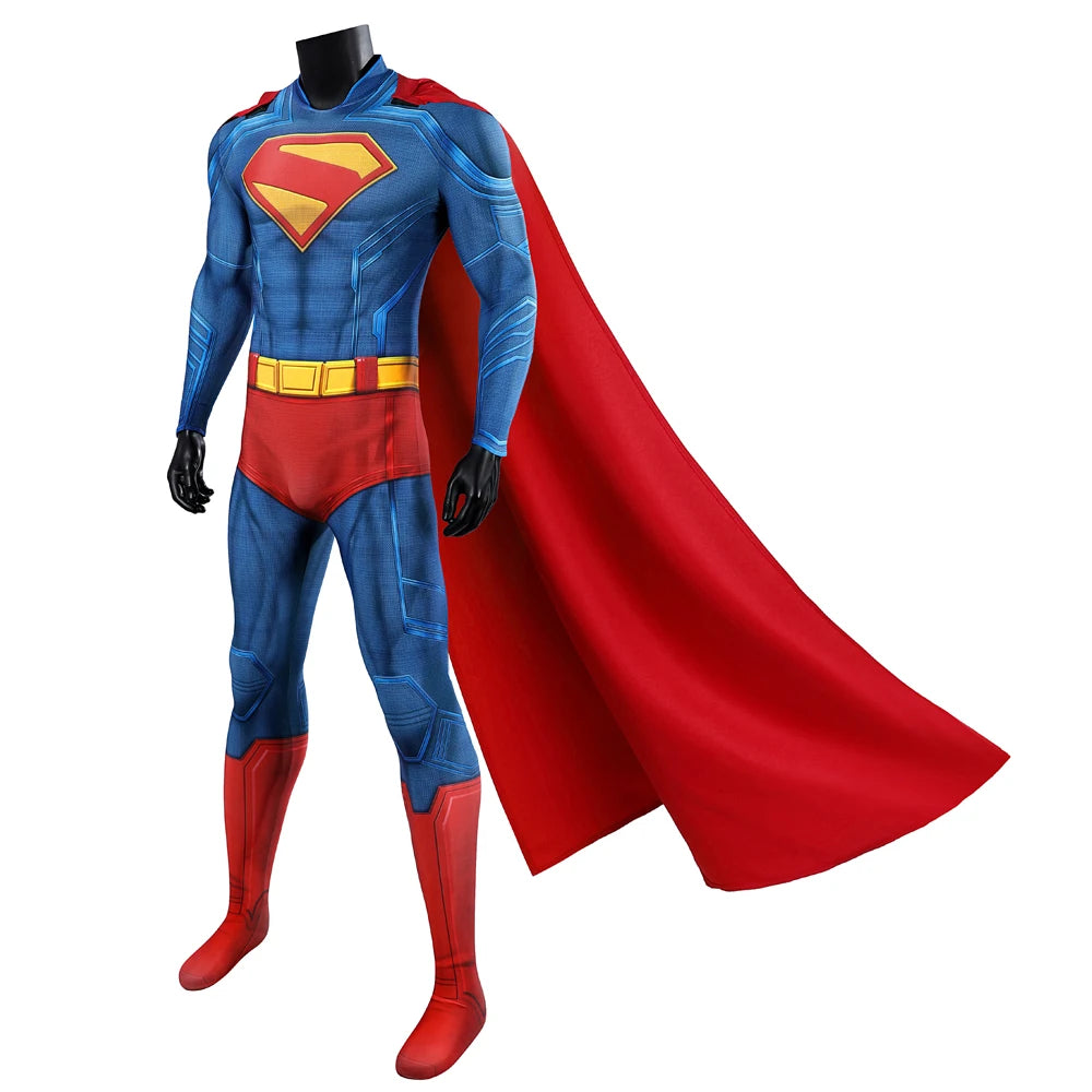 Hero Zentai Man Clark Kent Disguise Super High Quality Halloween Cosplay Costume Bodysuit with Red Cloak 3D Printed Kent Outfit