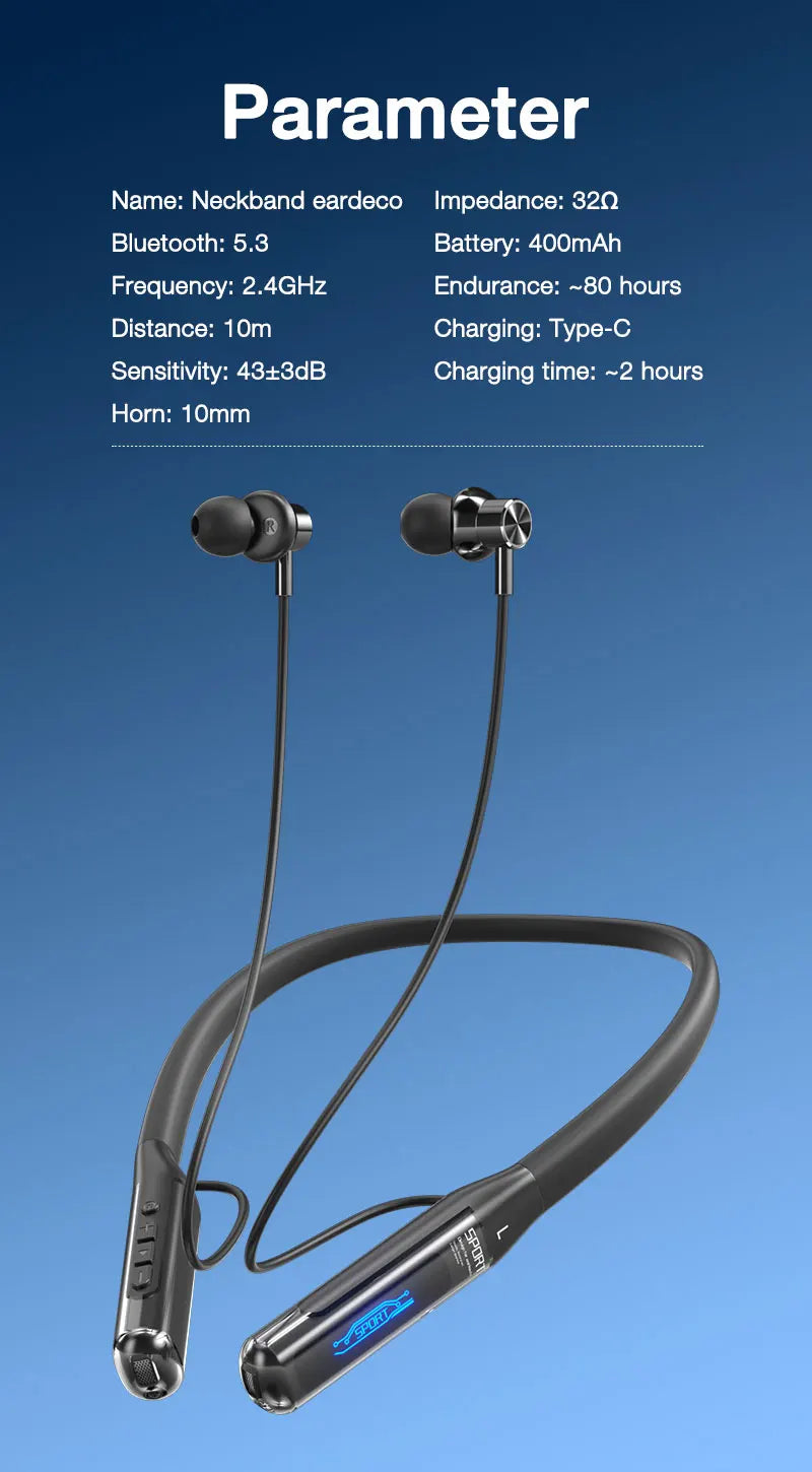 EARDECO Bluetooth 5.3 Neckband Headphones – 80H Battery, Stereo Bass, Mic