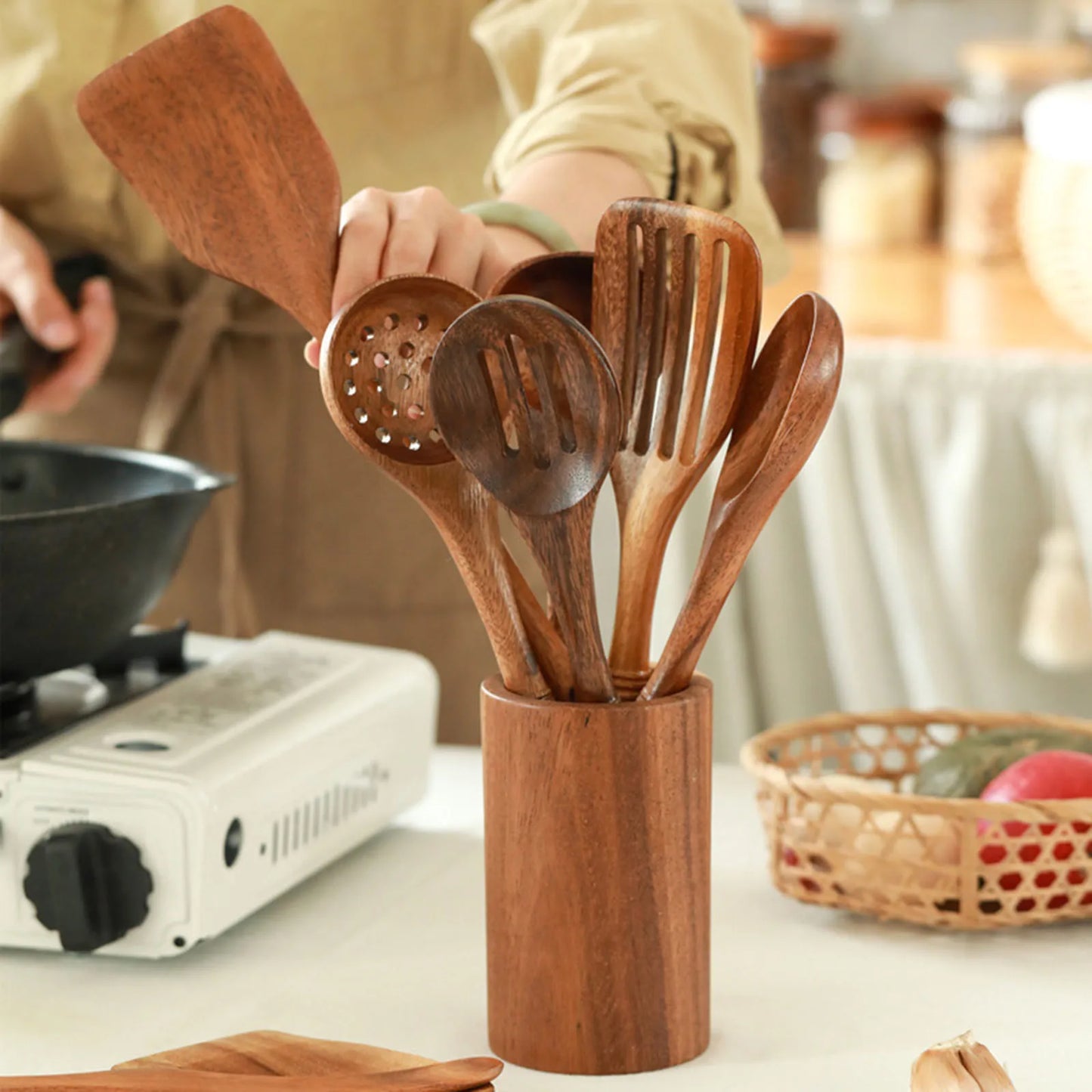 Wooden Kitchenware Cooking Utensils Set Non-stick Cookware Spatula Shovel Natural Teak Wooden Kitchen Cooking Tool Set 2025