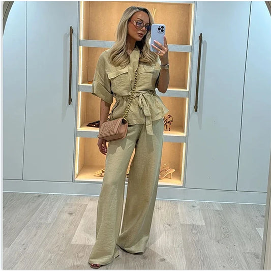 Women’s Summer 2-Piece Set – Loose Shirt & High-Waist Pants