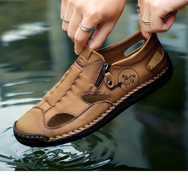 Men’s Leather Roman Sandals – Breathable Handmade Casual Summer Shoes for Outdoor & Beach