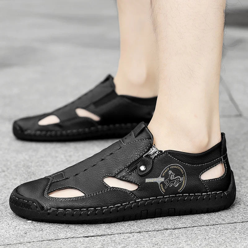 Men’s Leather Roman Sandals – Breathable Handmade Casual Summer Shoes for Outdoor & Beach