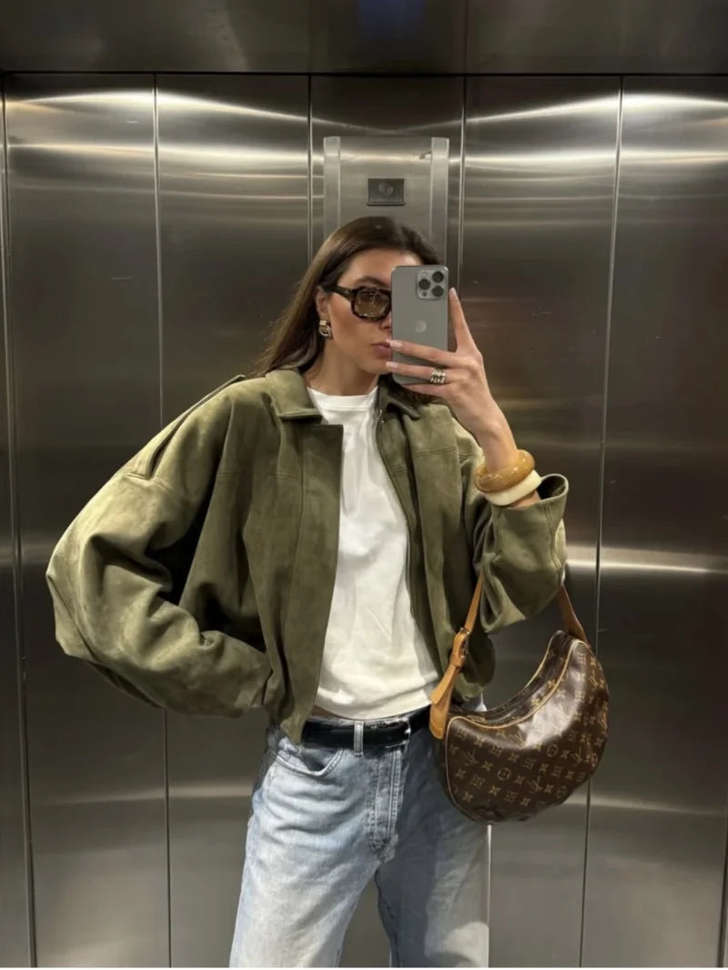 Women’s Suede-Texture Bomber Jacket – Casual Lapel Zip Coat | ETJ