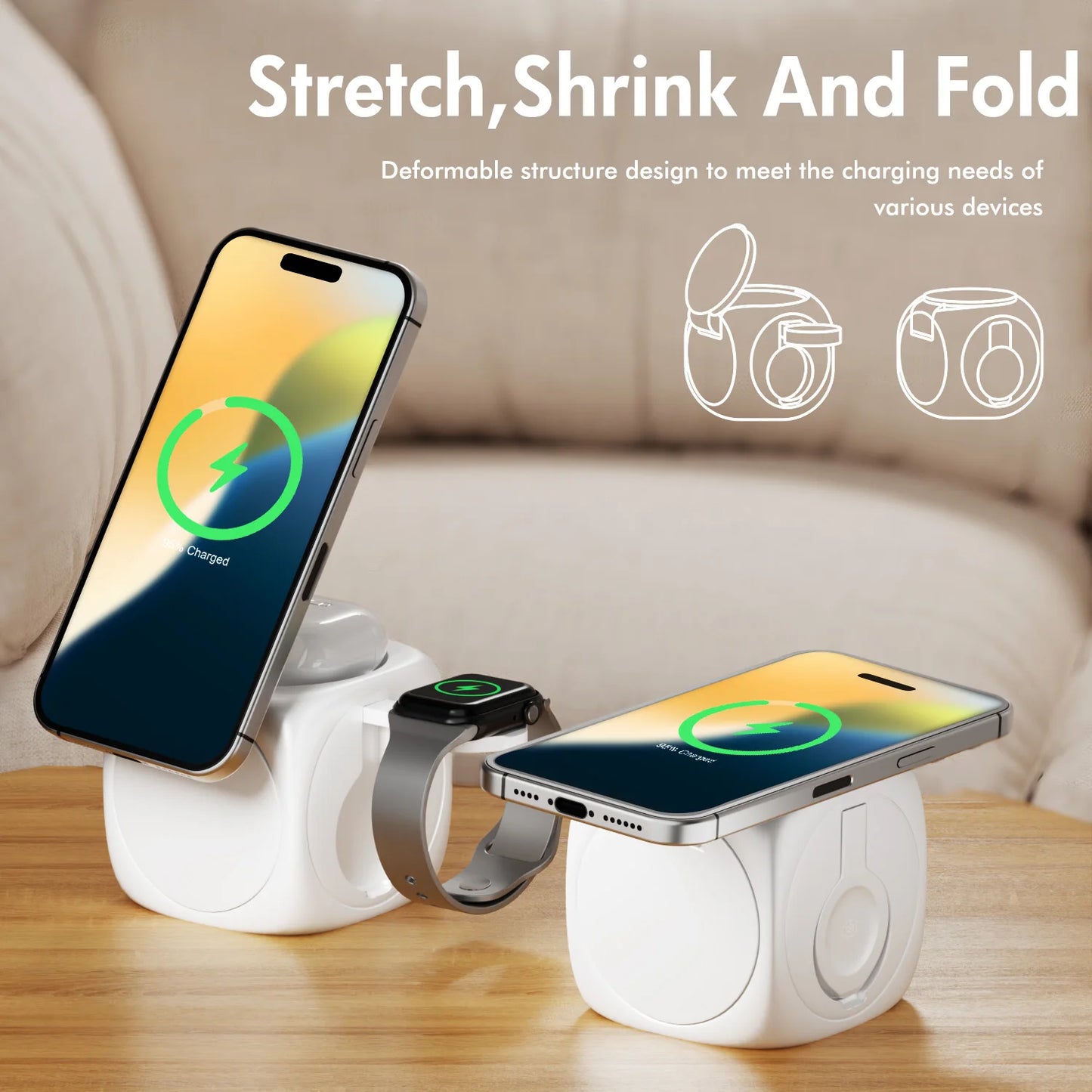 3-In-1 Magnetic Wireless Charging Station Foldable 15W Fast Charge 360 Rotating for IPhone 16 15 14 13 12 Pro/Pro Max/Plus