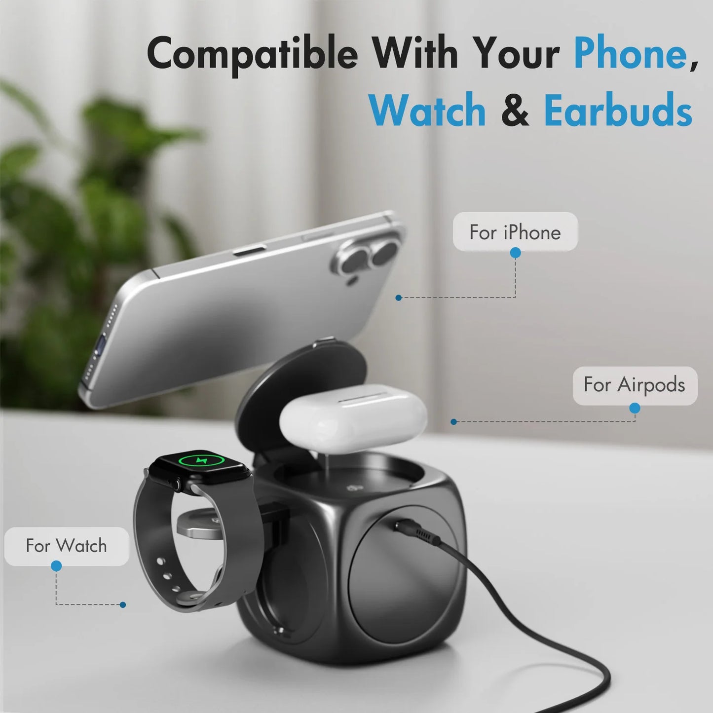 3-In-1 Magnetic Wireless Charging Station Foldable 15W Fast Charge 360 Rotating for IPhone 16 15 14 13 12 Pro/Pro Max/Plus