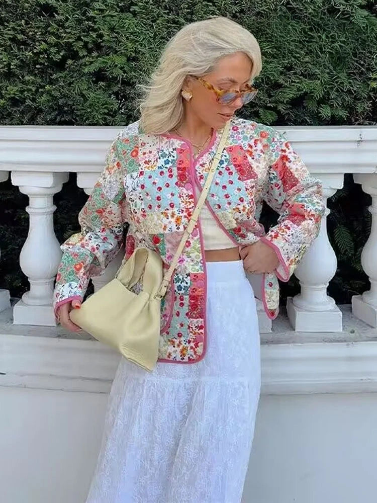 Women’s Quilted Floral Jacket – Vintage Loose Fit Winter Coat