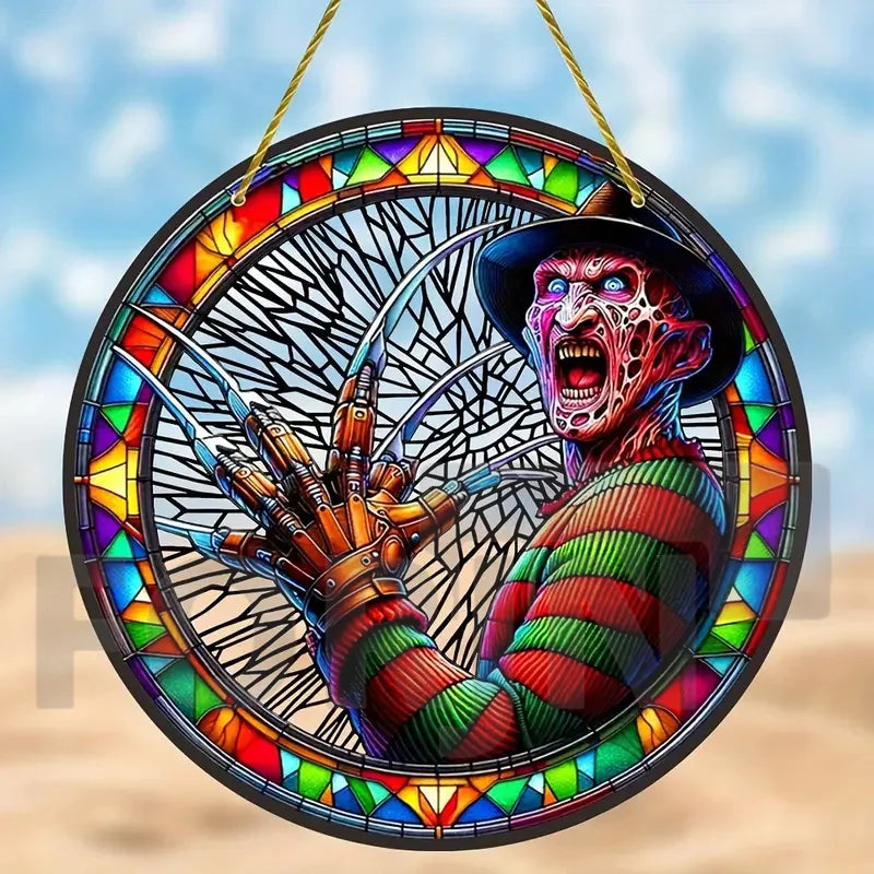 Horror Theme Stained Window Hanging Sun Catcher,Round Acrylic Translucent Sign,Halloween Decor for House,bar,Porch,Patio Garden
