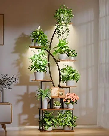 8-Tier Indoor Plant Stand with Grow Lights – Tall Metal Shelf for Corners & Living Rooms, Space-Saving Display Rack for Multiple Plants