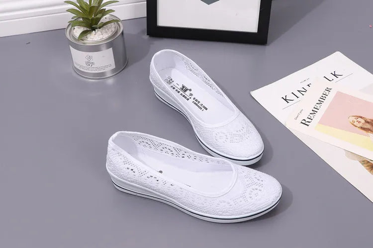 Women’s White Lace Breathable Slip-On Sneakers – Casual Summer Flats with Low Wedge Comfort Sole