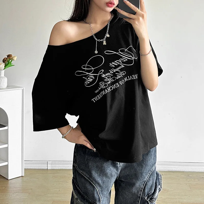 Casual Relax Woman T-shirt Letter 2025 Women Oversized One Shoulder Tops Versatile Street Atmosphere Style Fashionable Tops