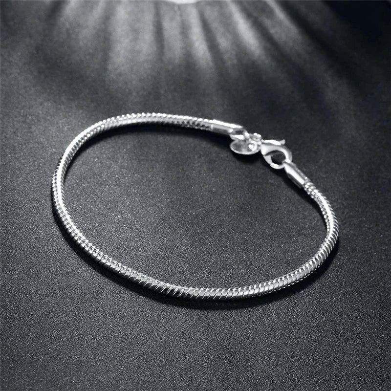 925 Sterling Silver 3mm Snake Chain 8 inches Basis Bracelet For Woman Charm Wedding Engagement Fashion Party Jewelry
