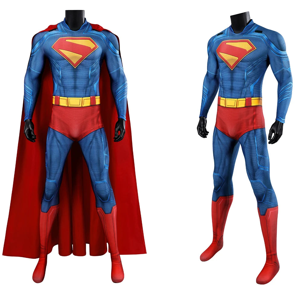 Hero Zentai Man Clark Kent Disguise Super High Quality Halloween Cosplay Costume Bodysuit with Red Cloak 3D Printed Kent Outfit