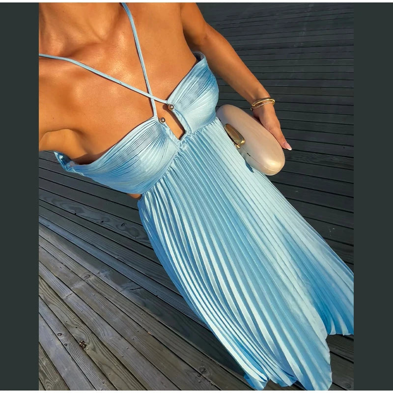Women's Halter Backless Pleated Maxi Dress – Beach Vibes 2025