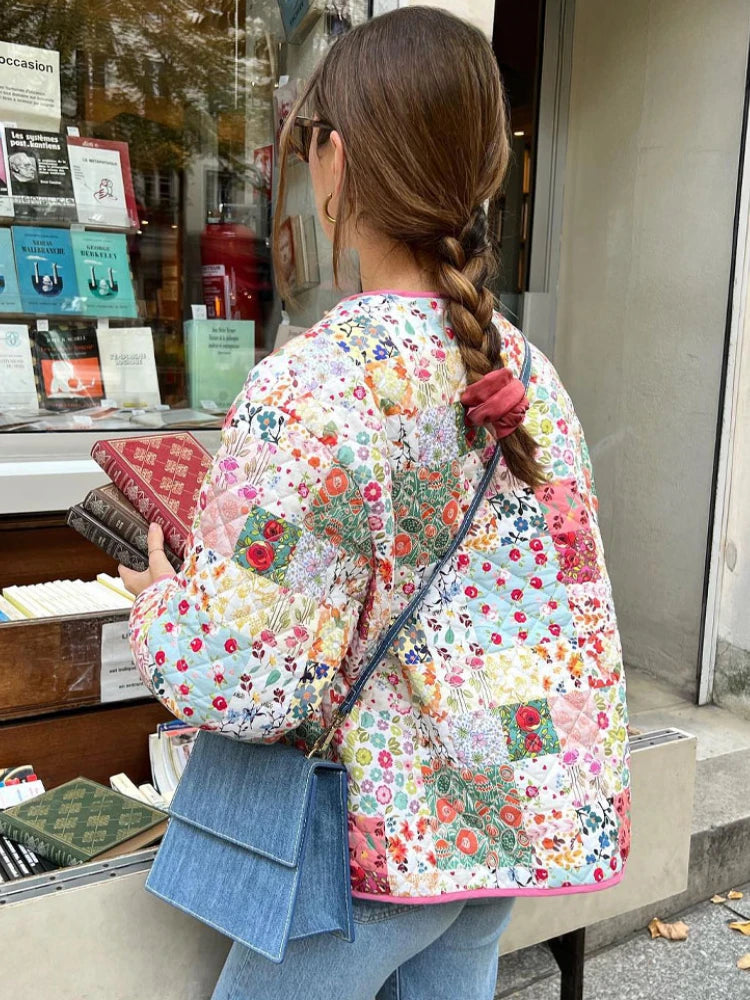 Women’s Quilted Floral Jacket – Vintage Loose Fit Winter Coat