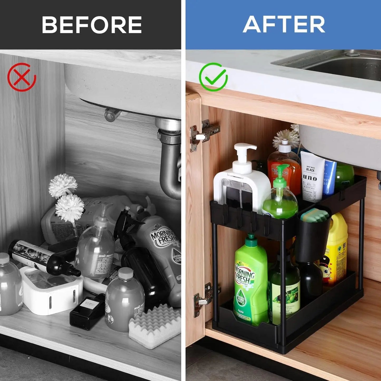 2-Tier Under Sink Organizer with Sliding Drawers & Hooks