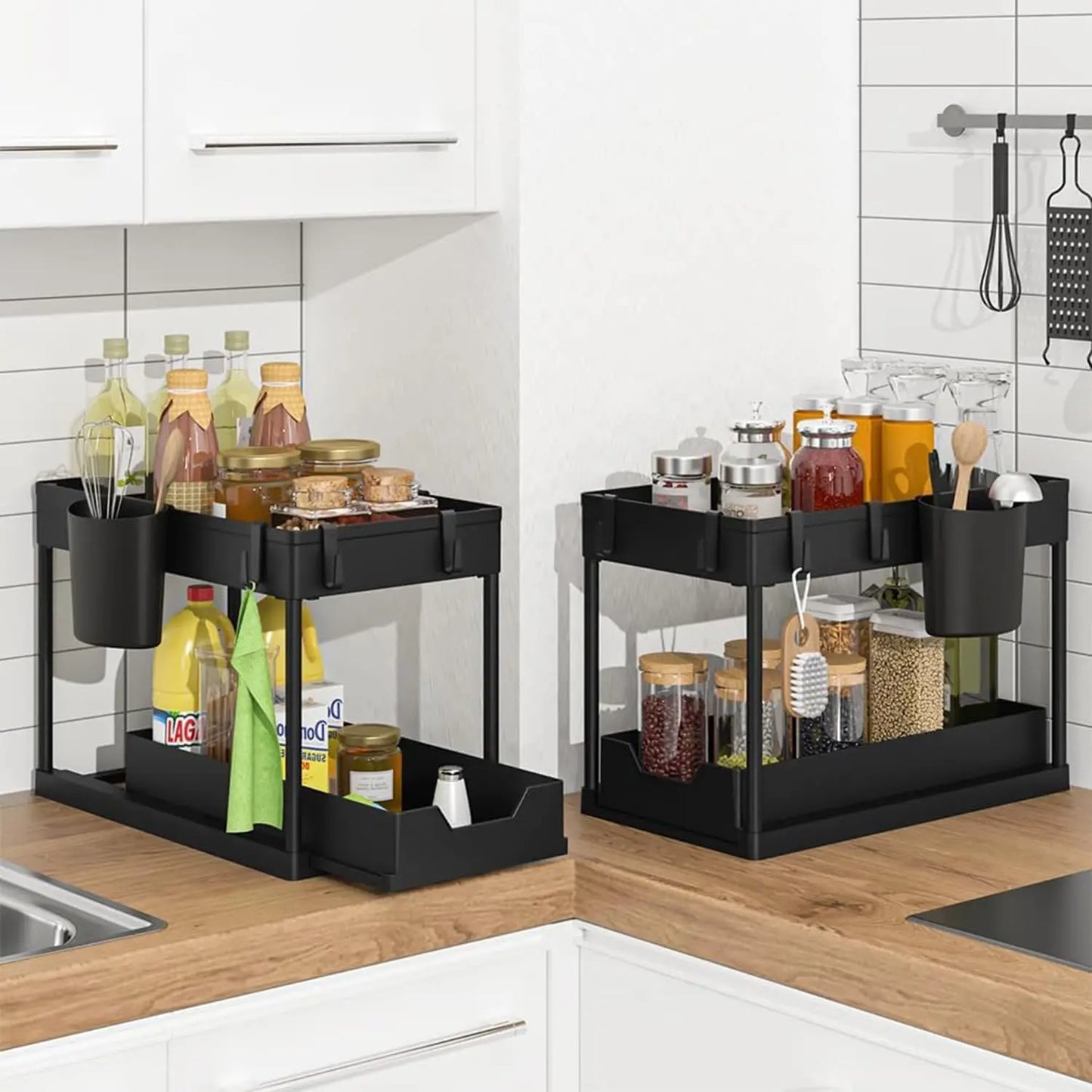 2-Tier Under Sink Organizer with Sliding Drawers & Hooks