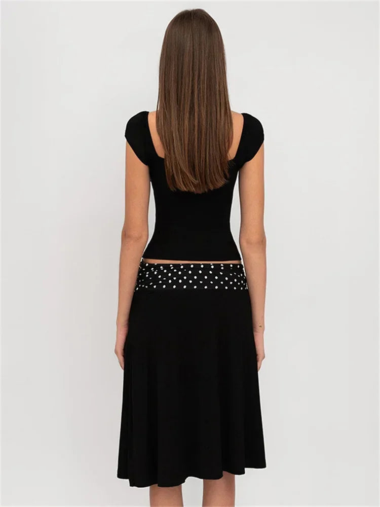 Tossy Women's Patchwork 2-Piece Set - Lace-Up Crop Top & High Waist Mini Skirt