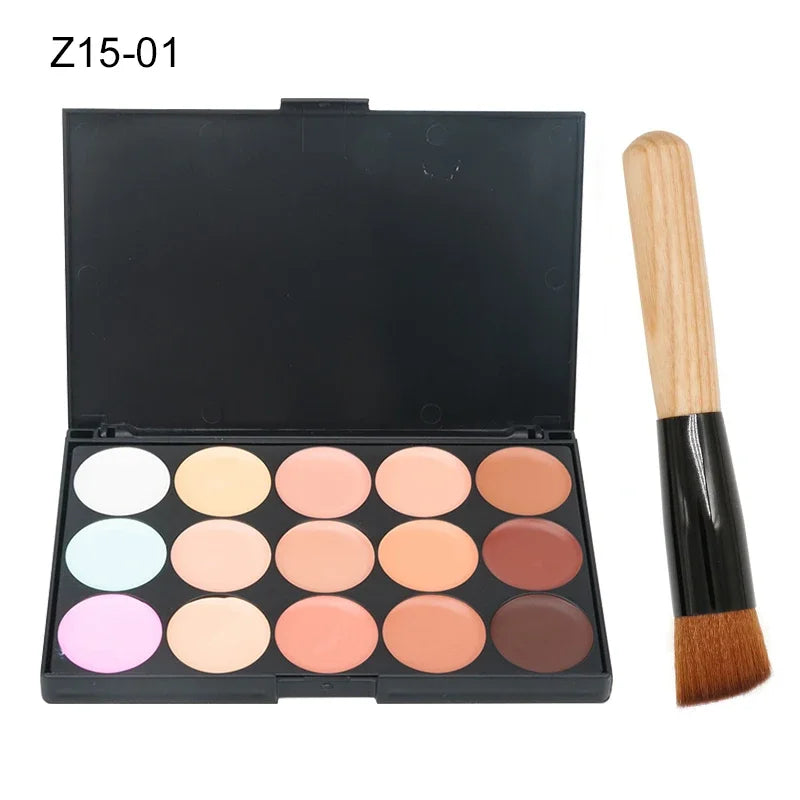 2pcs 15-color Professional Concealer with Brush,Face Makeup and Contouring Dark Circles Acne Mark Brightening Waterproof Sweat