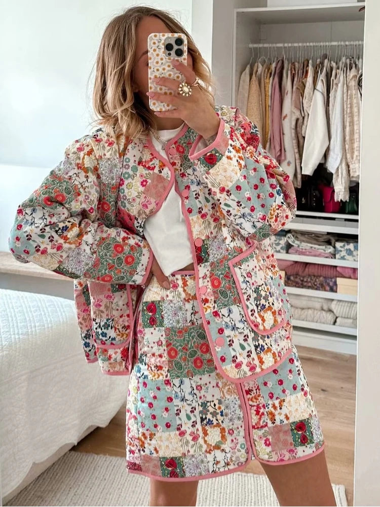 Women’s Quilted Floral Jacket – Vintage Loose Fit Winter Coat