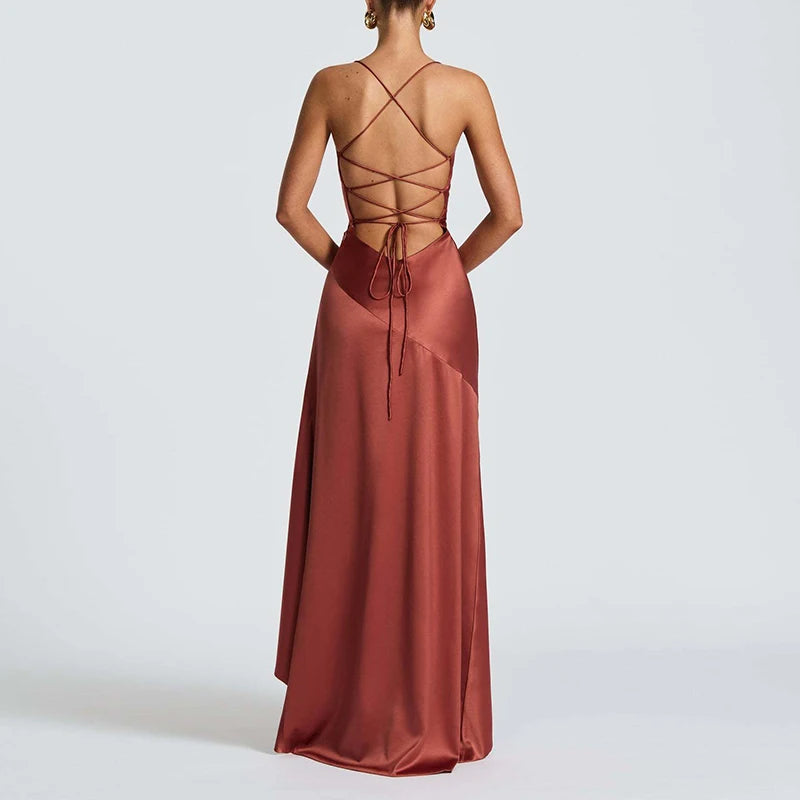 Sexy Slash Neck Slim Ruffle Banquet Dress Women Spring Backless Lace-up Long Irregular Dress Summer Sleeveless Hollow Maxi Dress