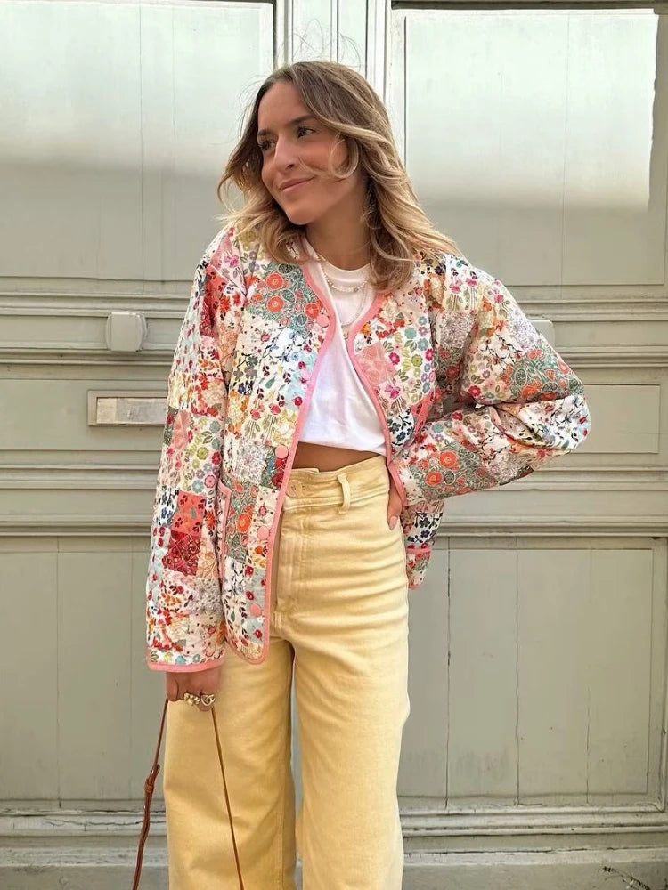Women’s Quilted Floral Jacket – Vintage Loose Fit Winter Coat