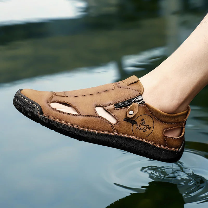 Men’s Leather Roman Sandals – Breathable Handmade Casual Summer Shoes for Outdoor & Beach