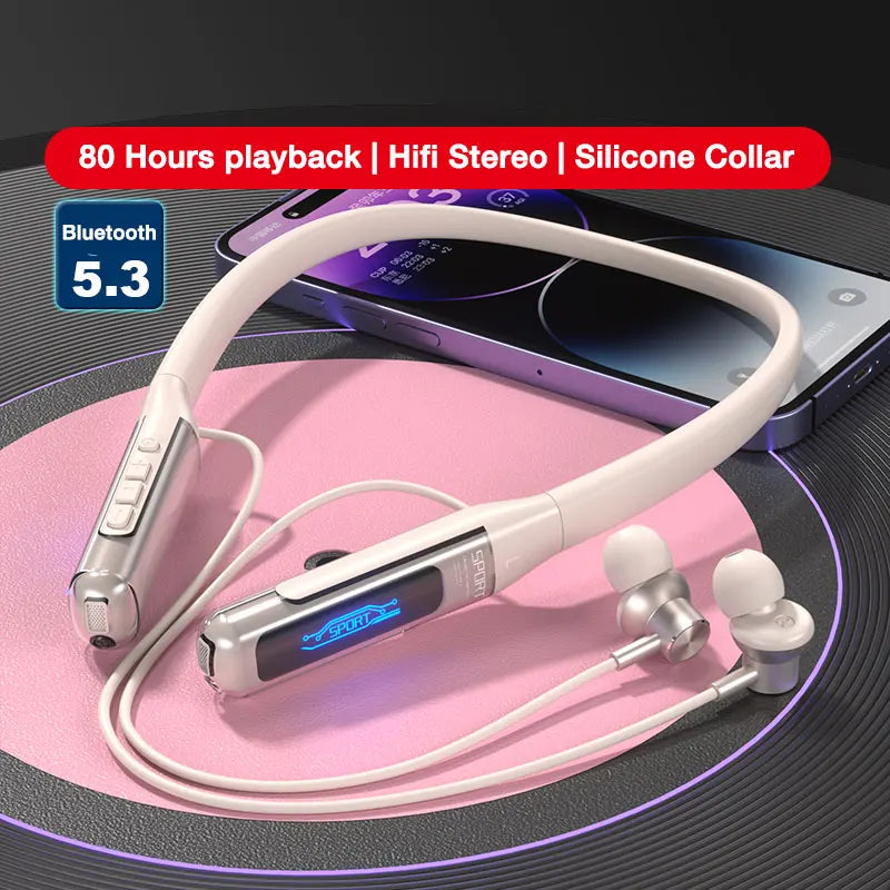 EARDECO Bluetooth 5.3 Neckband Headphones – 80H Battery, Stereo Bass, Mic