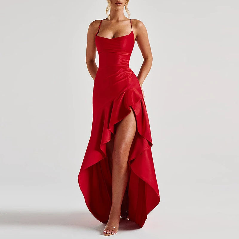 Sexy Slash Neck Slim Ruffle Banquet Dress Women Spring Backless Lace-up Long Irregular Dress Summer Sleeveless Hollow Maxi Dress
