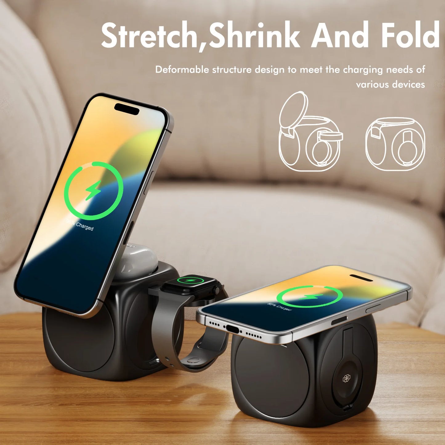 3-In-1 Magnetic Wireless Charging Station Foldable 15W Fast Charge 360 Rotating for IPhone 16 15 14 13 12 Pro/Pro Max/Plus