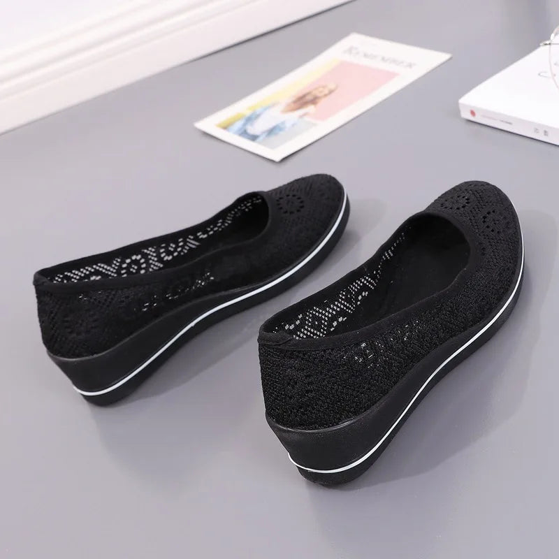 Women’s White Lace Breathable Slip-On Sneakers – Casual Summer Flats with Low Wedge Comfort Sole
