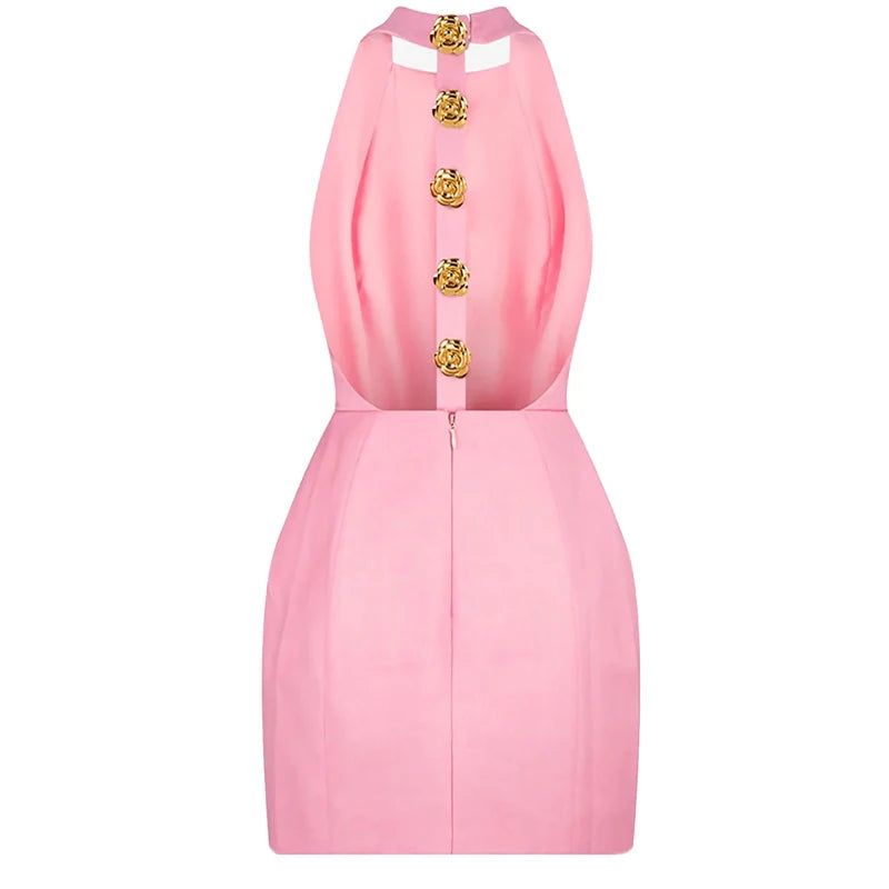 Chic Pink Halter Mini Dress – Backless, Sleeveless, Gold Button | Summer Party Dress 2025