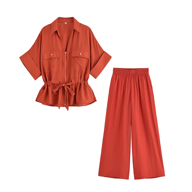Women’s Summer 2-Piece Set – Loose Shirt & High-Waist Pants