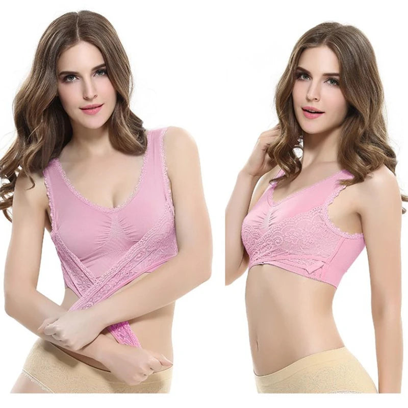 Women's Front Cross Buckle Lace Bra – Wire-Free, Full Coverage & Adjustable for Yoga & Everyday Wear