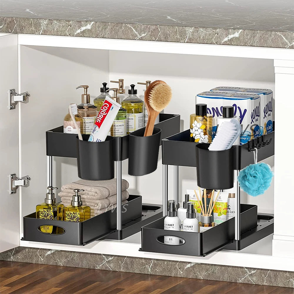 2-Tier Under Sink Organizer with Sliding Drawers & Hooks