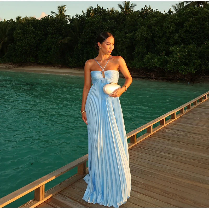 Women's Halter Backless Pleated Maxi Dress – Beach Vibes 2025