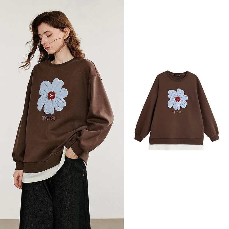 TOYOUTH Women Hoodies Sweatshirt 2025 Autumn New Plush Flower Printed Contrasting Color Splicing Fake Two Piece Cotton Pullover