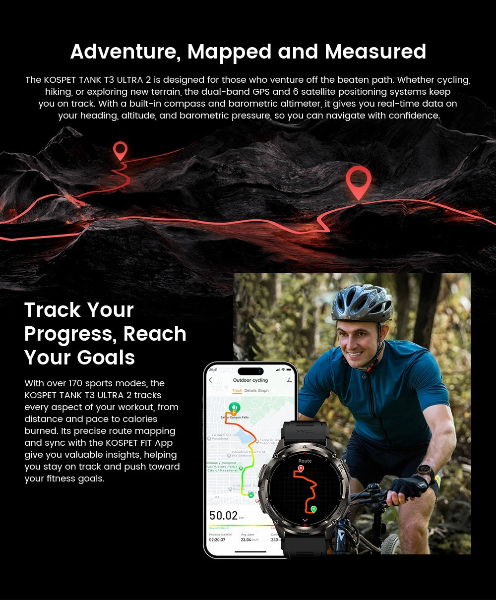 KOSPET TANK T3 Ultra 2 GPS Smart Watch For Men Smartwatch Compass Altimeter Barometric 5ATM IP69K Waterproof AMOLED Mens Watches