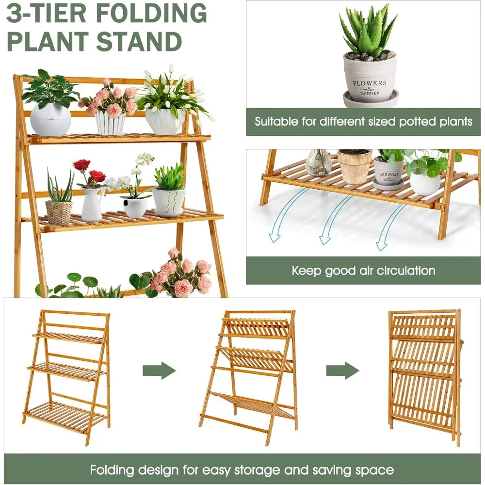 3-Tier Bamboo Plant Stand & Foldable Storage Shelf