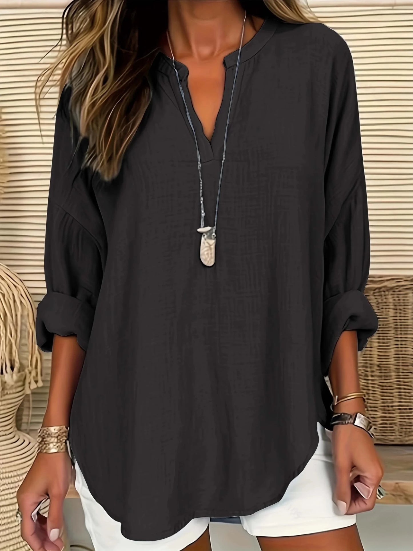 Plus Size 1XL-5XL Women's CasualLadies Fashion Solid Blouse Solid Color Loose Tops V-neck Blouse Long Sleeve Shirt