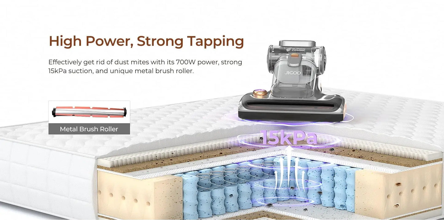 EU Stocks JIGOO T600 Bed Mattress Vacuum Cleaner Grey-EU-Dual Cup Design-99.99% Dust Mite Removal with Aroma-Diffused System