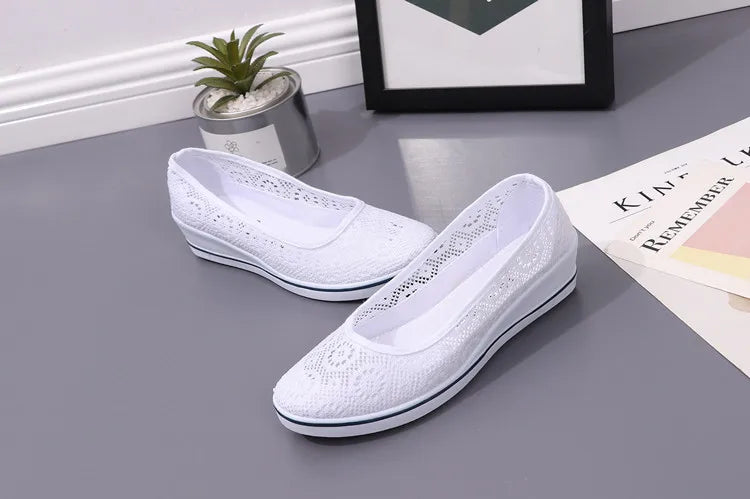 Women’s White Lace Breathable Slip-On Sneakers – Casual Summer Flats with Low Wedge Comfort Sole